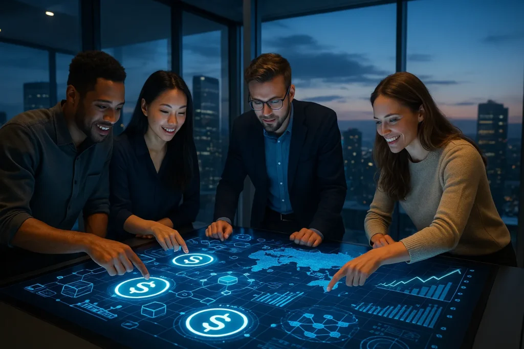 A team of fintech professionals collaborates over a digital touchscreen table, exploring stablecoins in digital payments using futuristic charts, maps, and glowing financial symbols.