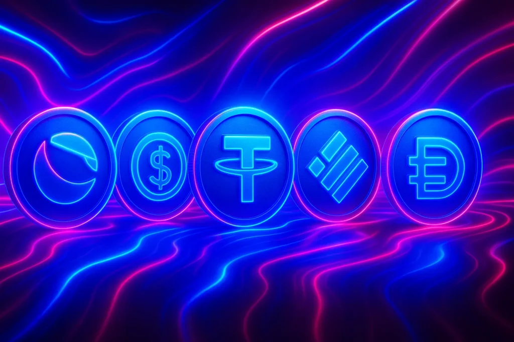 Five glowing crypto coins represent stablecoins in digital payments, set against a neon-lit abstract background with flowing pink-blue lines and futuristic lighting effects