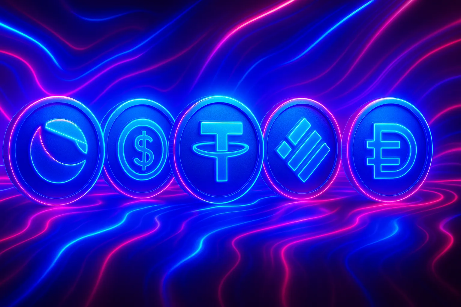 Five glowing crypto coins represent stablecoins in digital payments, set against a neon-lit abstract background with flowing pink-blue lines and futuristic lighting effects