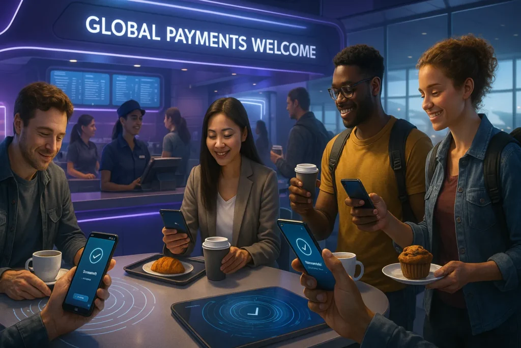 Travelers at a futuristic airport café use stablecoins in digital payments, enjoying seamless international transactions through mobile apps under a “Global Payments Welcome” sign.