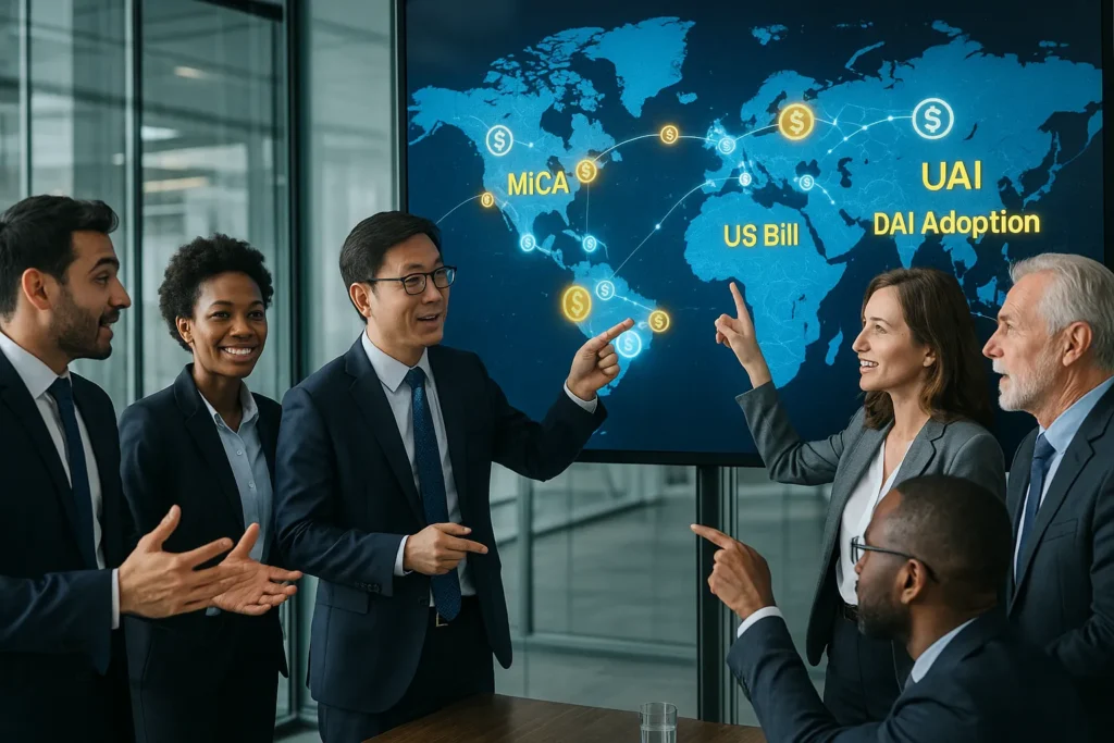 Global policymakers discuss stablecoins in digital payments, pointing at a glowing world map showing crypto flow between regions, highlighting innovation in financial collaboration.