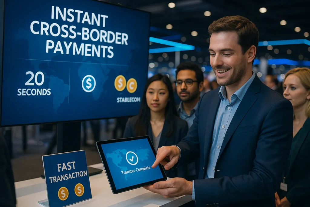 A fintech founder showcases stablecoins in digital payments at a tech expo, demonstrating fast, low-cost cross-border transactions on a tablet to an intrigued audience.