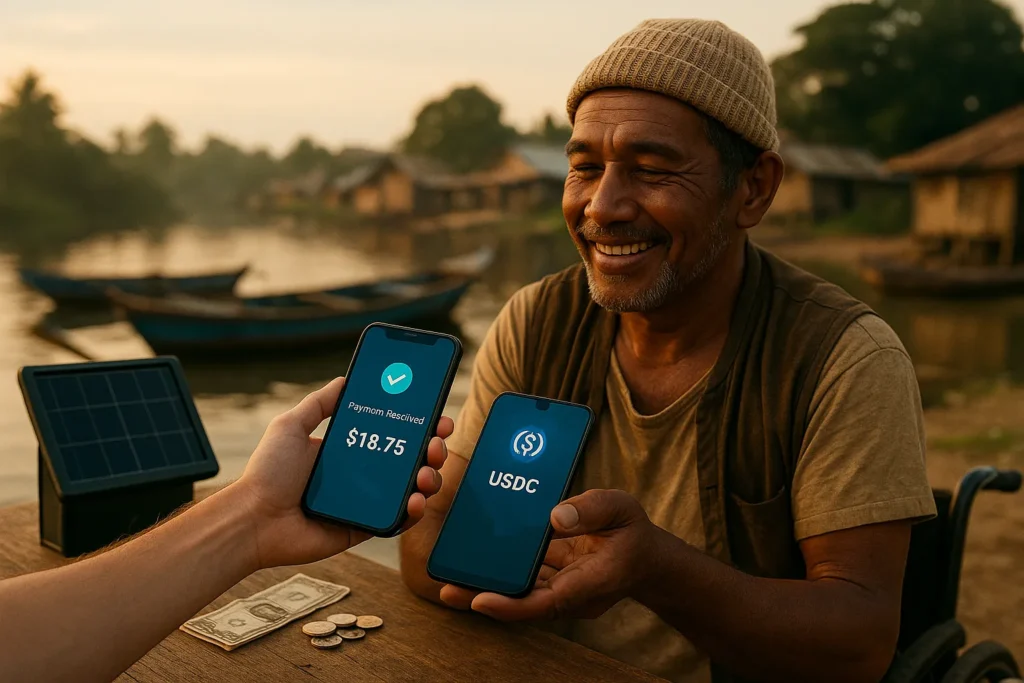A fisherman smiles after receiving $18.75 in stablecoins in digital payments via smartphone, with solar power nearby and traditional currency untouched on the table. 