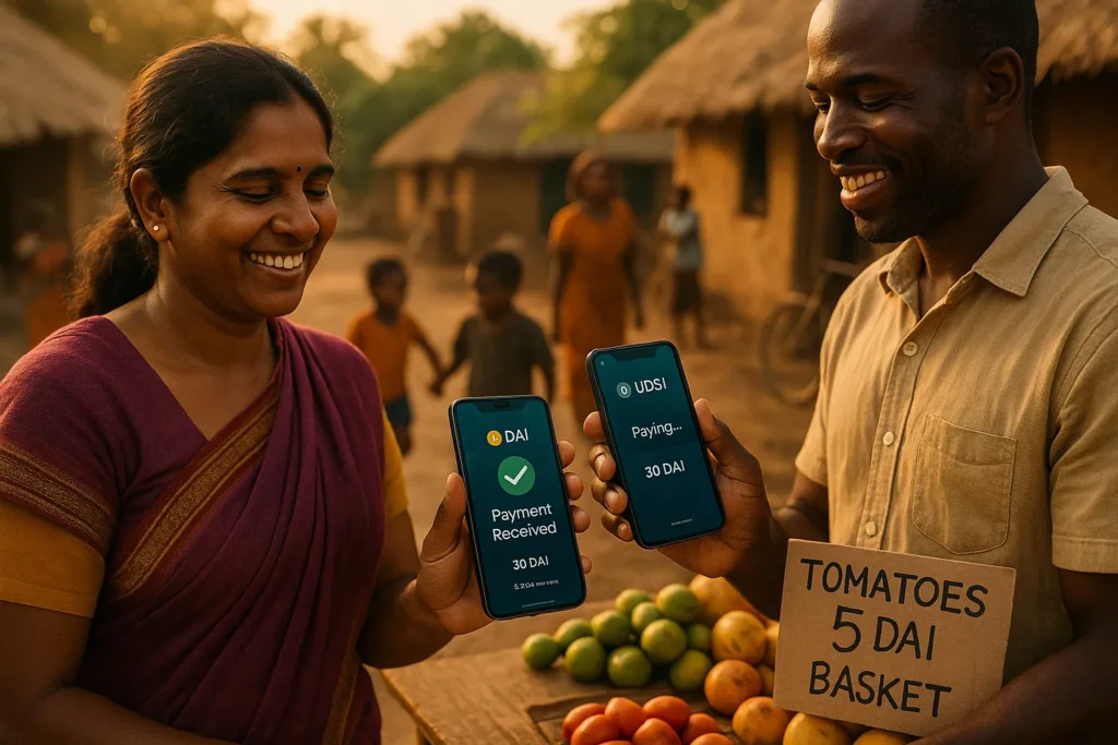 A woman receives tomatoes after using stablecoins in digital payments, confirming a 30 DAI transaction on her smartphone at a lively rural village market.