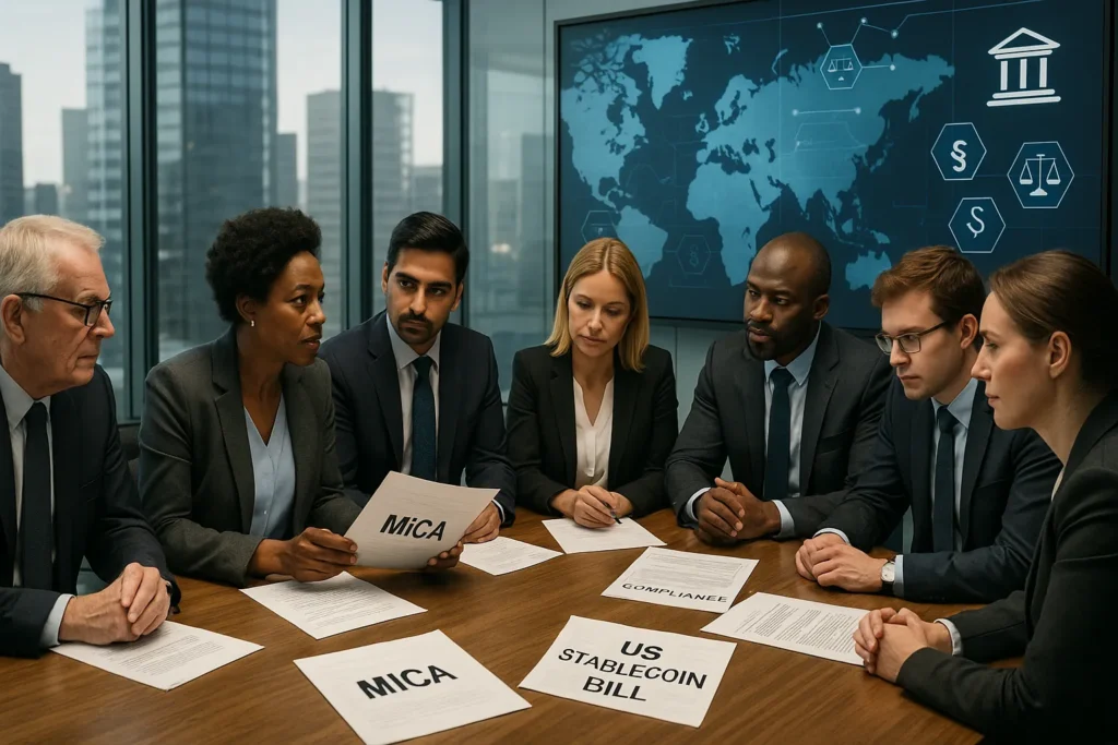 International policymakers discuss regulations for stablecoins in digital payments, reviewing MiCA and US bills in a modern boardroom with global finance data displayed behind them.