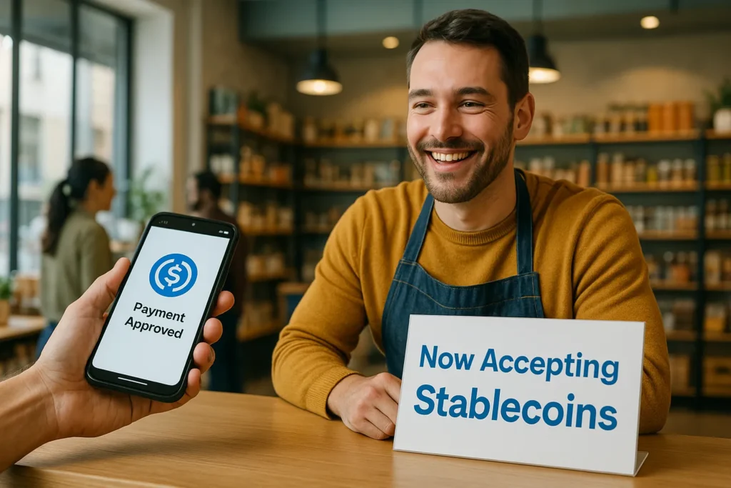 A smiling shop owner accepts stablecoins in digital payments as a customer confirms transaction via smartphone. The modern shop reflects real-world adoption of crypto technology.