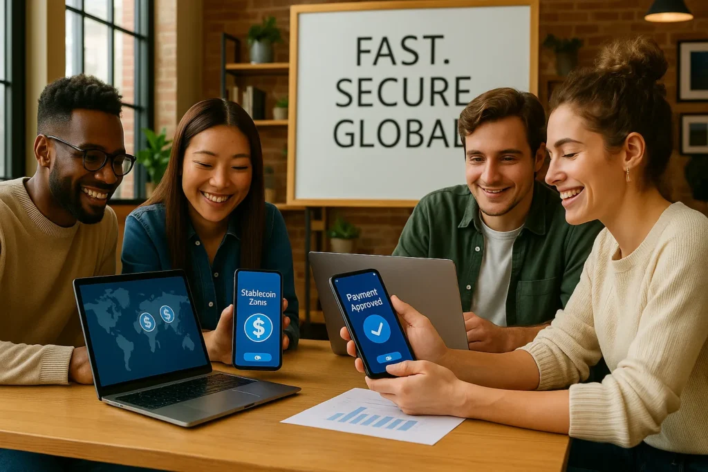 Young professionals collaborate in a co-working space, exploring stablecoins in digital payments using laptops and smartphones, surrounded by daylight, modern decor, and a strategy whiteboard.
