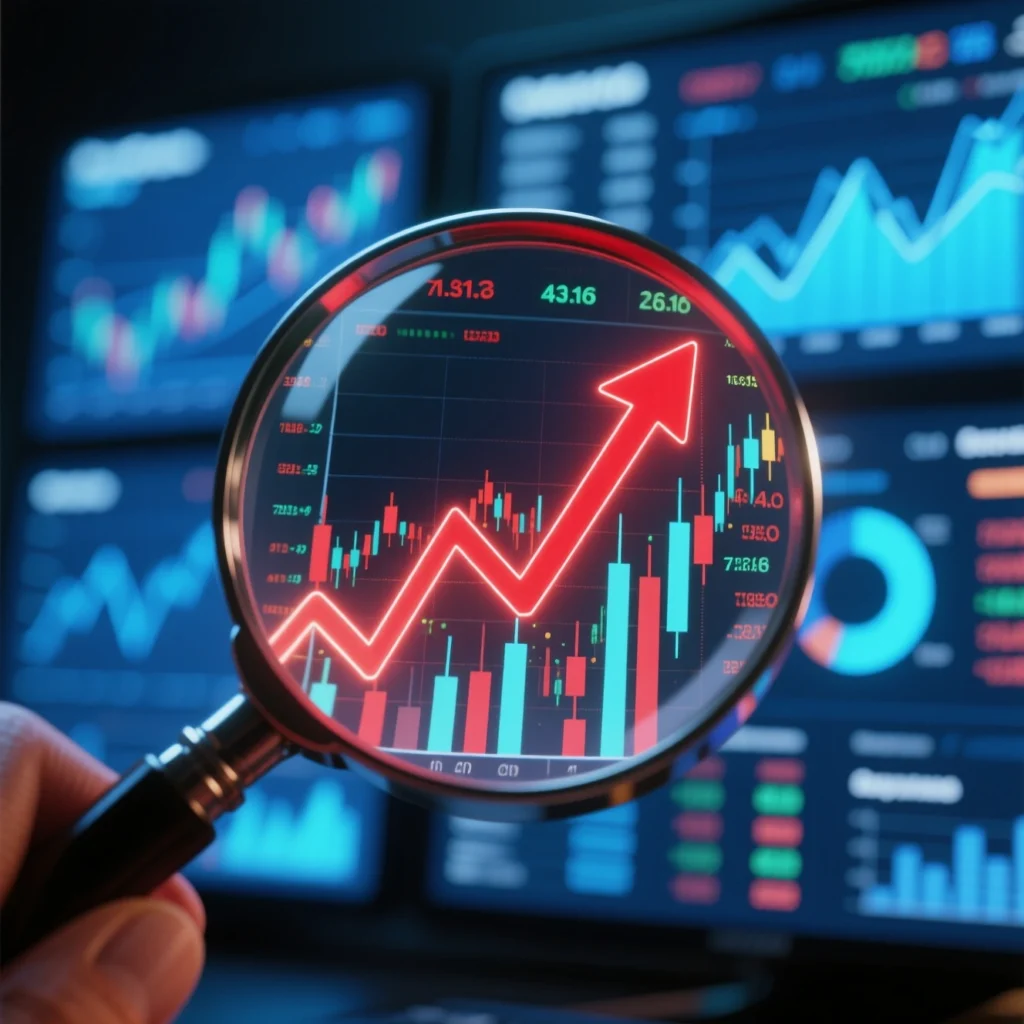 A magnifying glass highlights a glowing red upward arrow on a stock chart, symbolizing strong market growth, analysis, and financial trends with rising investments.