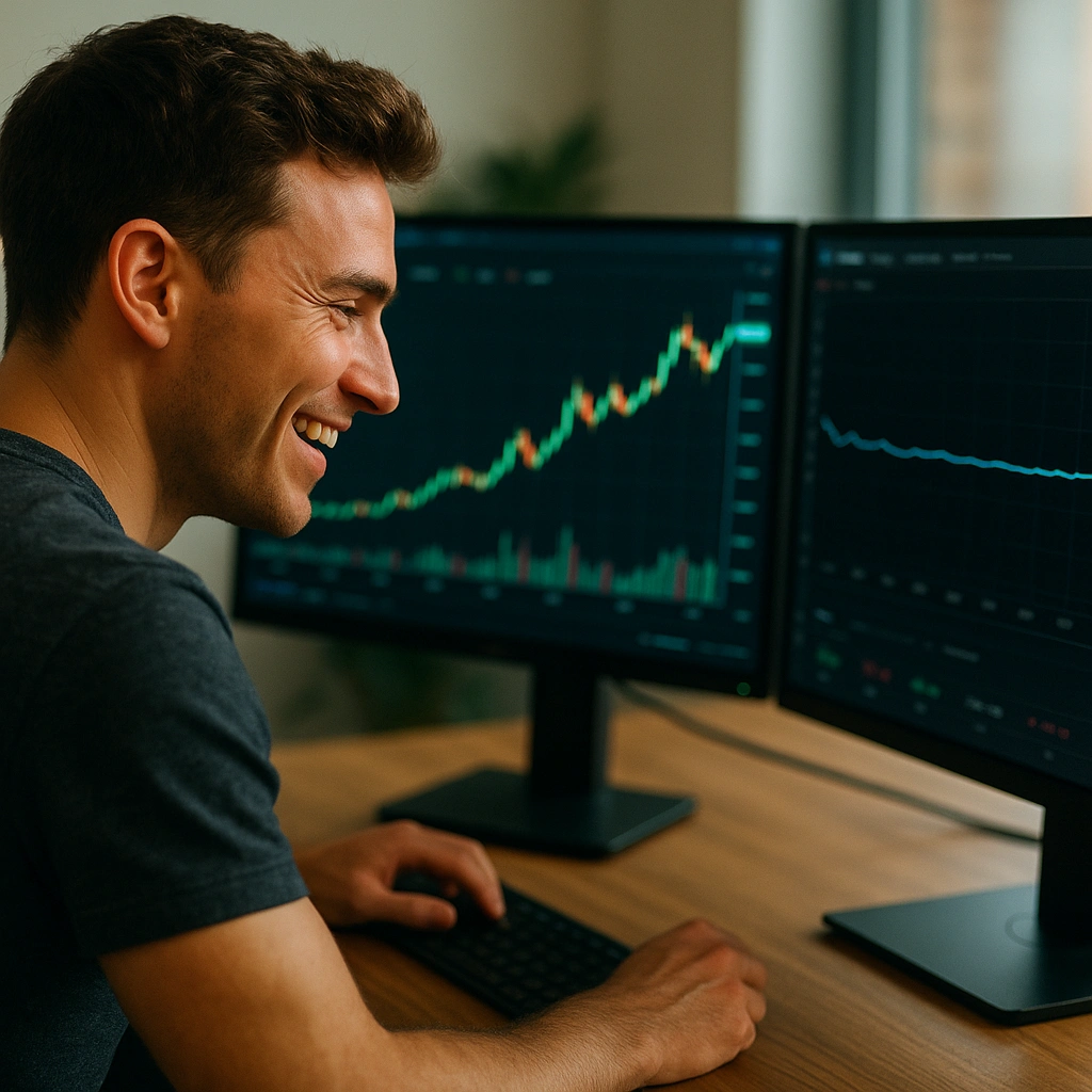 A young male trader reacts to stock and option charts, illustrating the disconnect in options price movement despite a significant rise in the underlying stock.