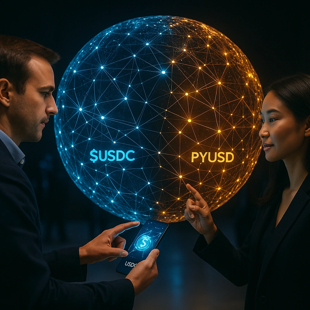 Two professionals analyze a glowing digital globe divided into blue USDC and gold PYUSD blockchain networks — USDC vs PYUSD visualized with intricate connections in photorealistic style.