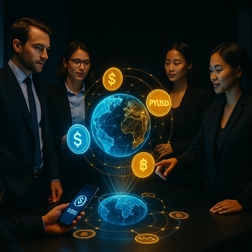 Economists and blockchain developers discuss a holographic globe with orbiting stablecoins — USDC vs PYUSD highlighted, connected by blockchain lines in high-resolution photorealistic conference scene.