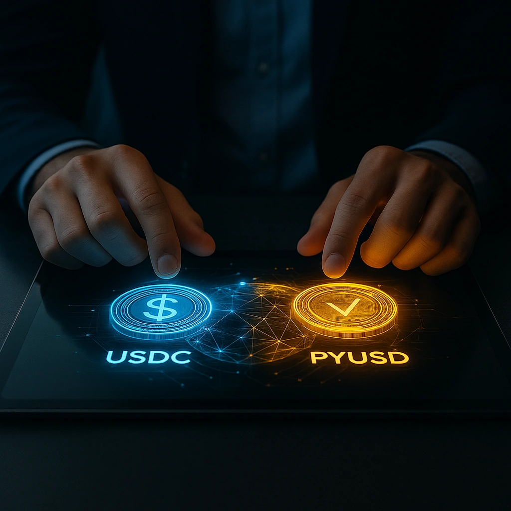 Close-up of hands hovering over a digital interface showing glowing USDC and PYUSD coins — USDC vs PYUSD choice highlighted in photorealistic high-tech style.