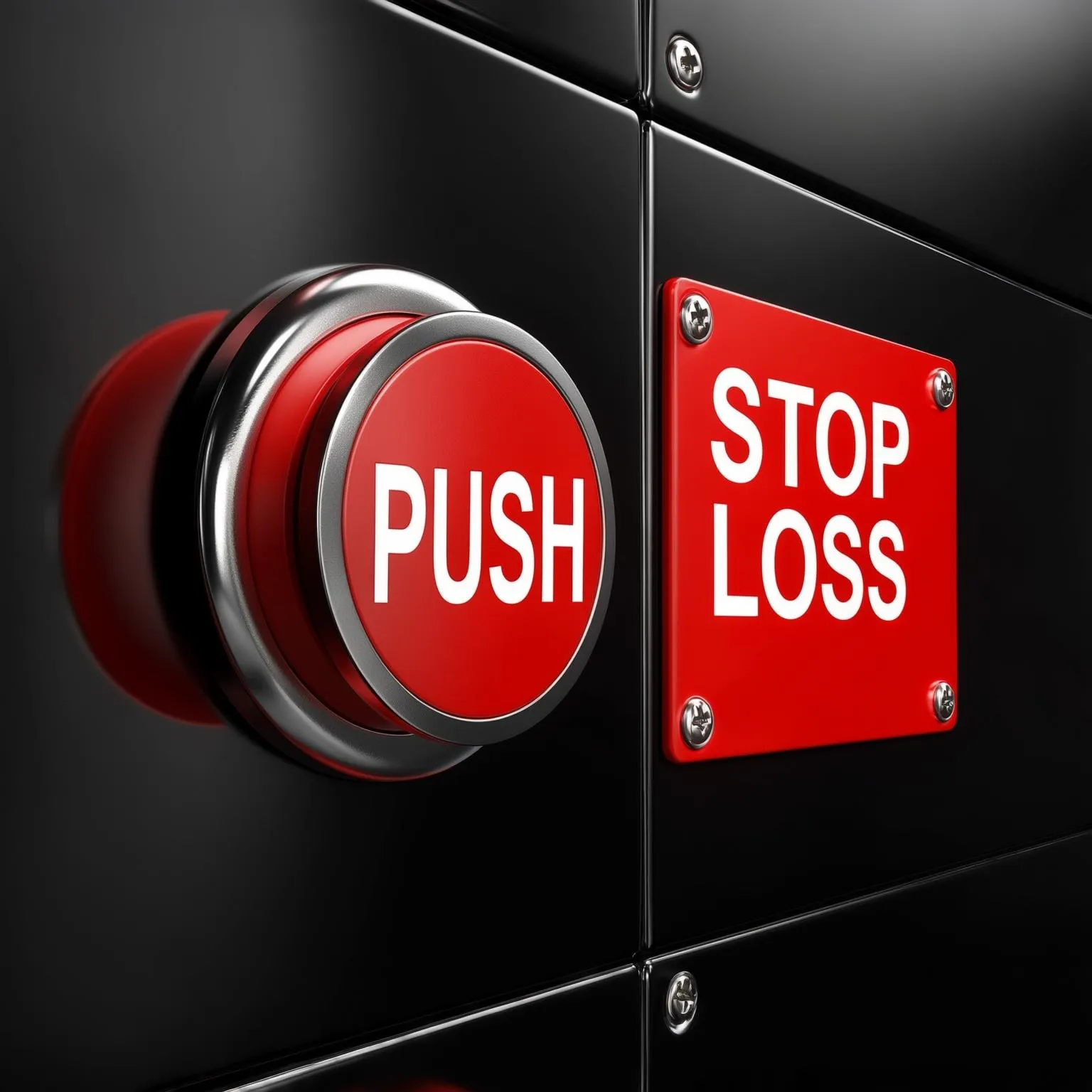 Use stop-loss orders: A red emergency button labeled PUSH beside a STOP LOSS sign, symbolizing risk management and investor protection in volatile financial markets.