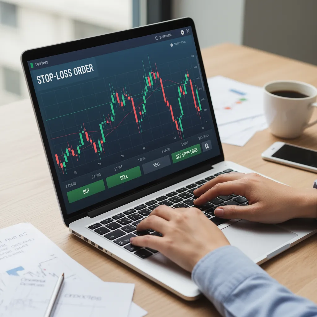Use stop-loss orders: Investor sets a stop-loss on laptop trading platform showing candlestick charts, protecting portfolio from losses in volatile markets with disciplined strategy.
