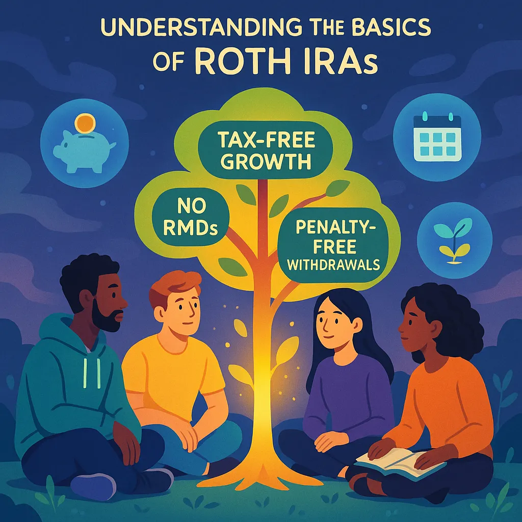 What is a Roth IRA explained visually—young adults sit around a glowing tree showing benefits like tax-free growth, no RMDs, and penalty-free withdrawals.