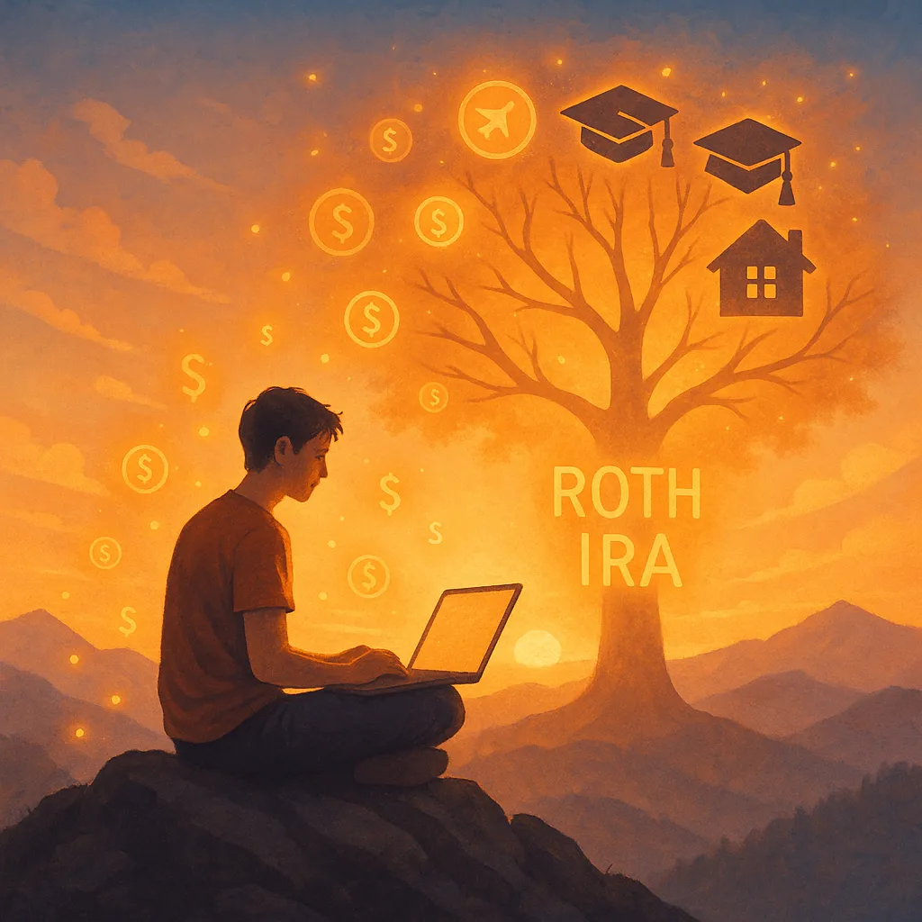 A young person using a laptop under a glowing “Roth IRA” tree symbolizing future goals, illustrating the concept of what is a Roth IRA visually.