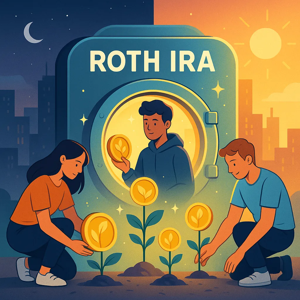What is a Roth IRA? A digital illustration shows young adults planting coin trees in front of a glowing vault, symbolizing long-term investment growth.