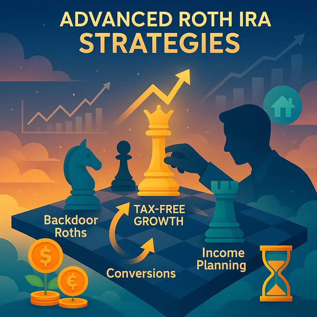 Illustration shows what is a Roth IRA using chess symbolism, highlighting advanced strategies like tax-free growth, conversions, and backdoor Roths on a floating board. 