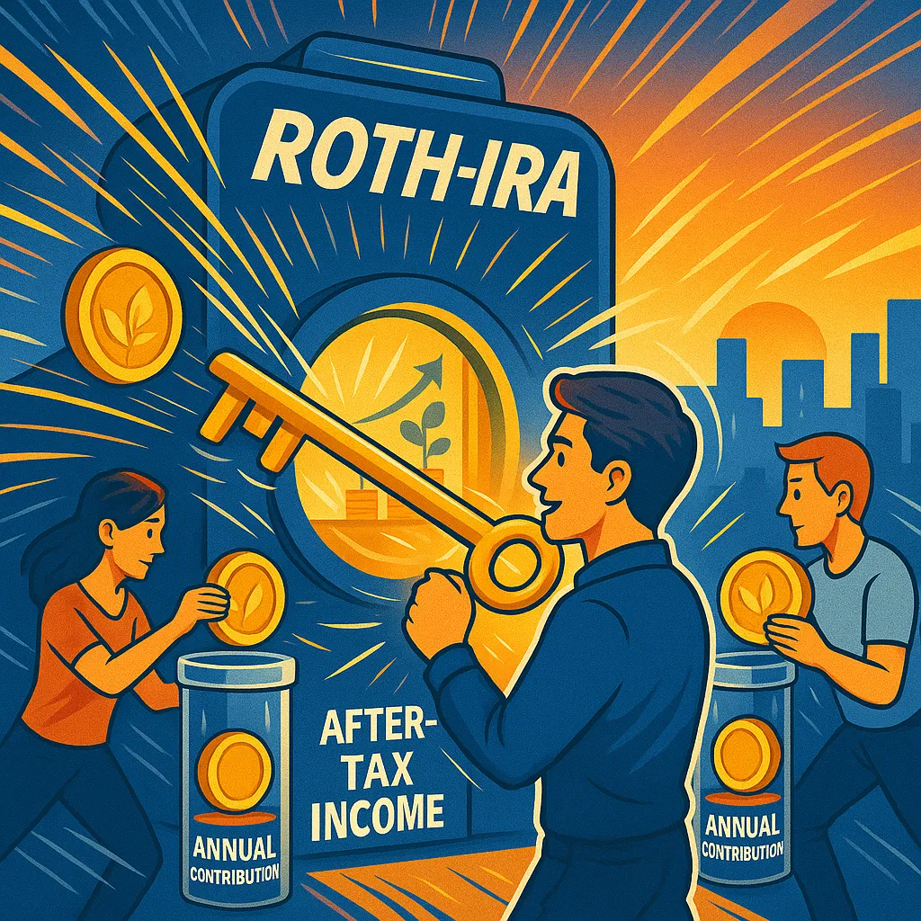 What is a Roth IRA? A vivid digital illustration shows individuals contributing coins into labeled containers, unlocking future growth with after-tax income in a modern cityscape.