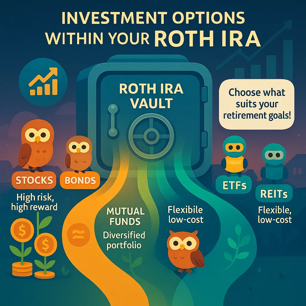 This educational illustration answers what is a Roth IRA, showcasing investment options like stocks, bonds, ETFs, and mutual funds flowing from a central vault.