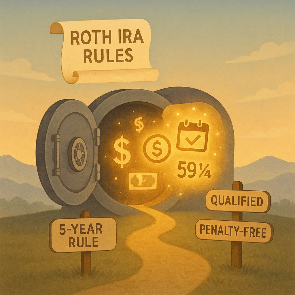 A glowing vault opens to reveal key concepts of what is a Roth IRA, highlighting rules like 59½ age, 5-year rule, and qualified distributions. 