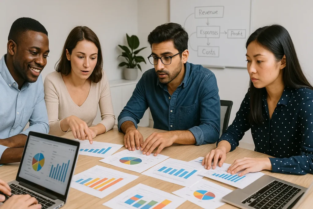 Diverse professionals collaborating on financial charts, representing why financial statements matter for strategic decisions, business health, and transparent reporting.