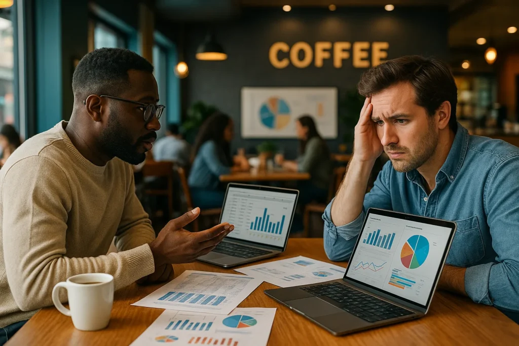 Two entrepreneurs review charts in a café, one concerned and the other explaining why financial statements matter for decision-making and small business success.