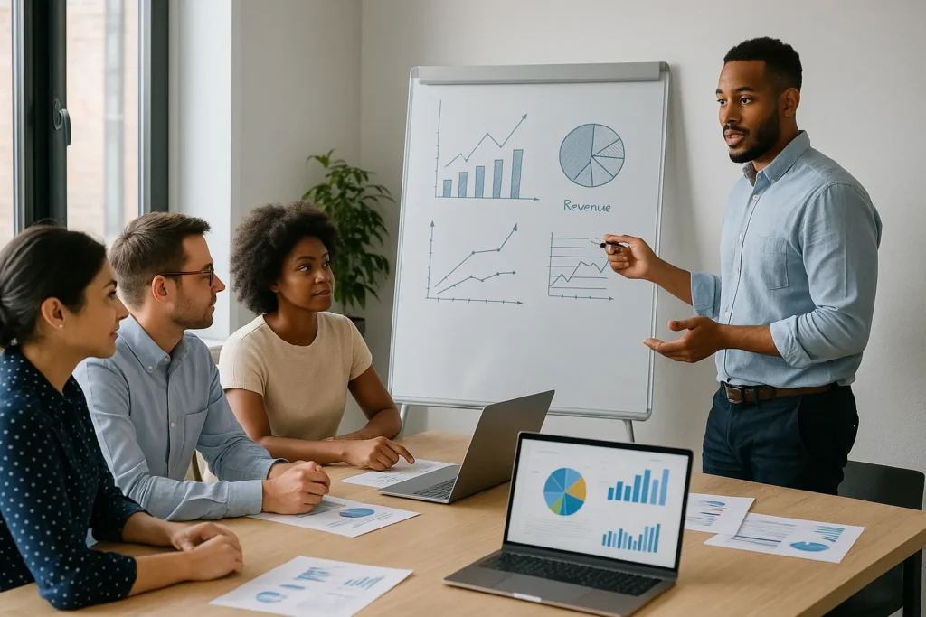 A professional leads a team financial discussion at a whiteboard, illustrating why financial statements matter for business performance, decision-making, and team understanding.