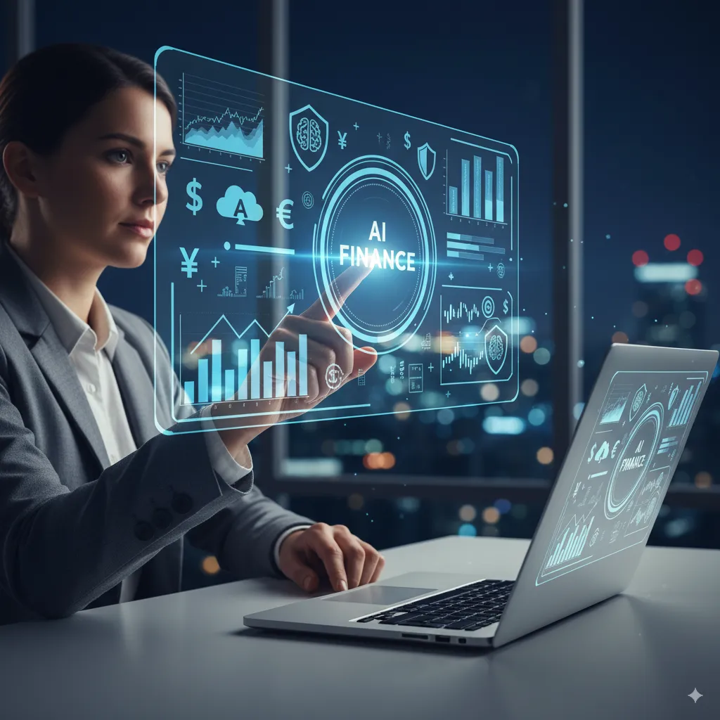 Businesswoman using futuristic digital screen for AI finance advising, analyzing financial data and investment trends, showcasing technology transforming financial strategies and empowering smarter money management decisions.