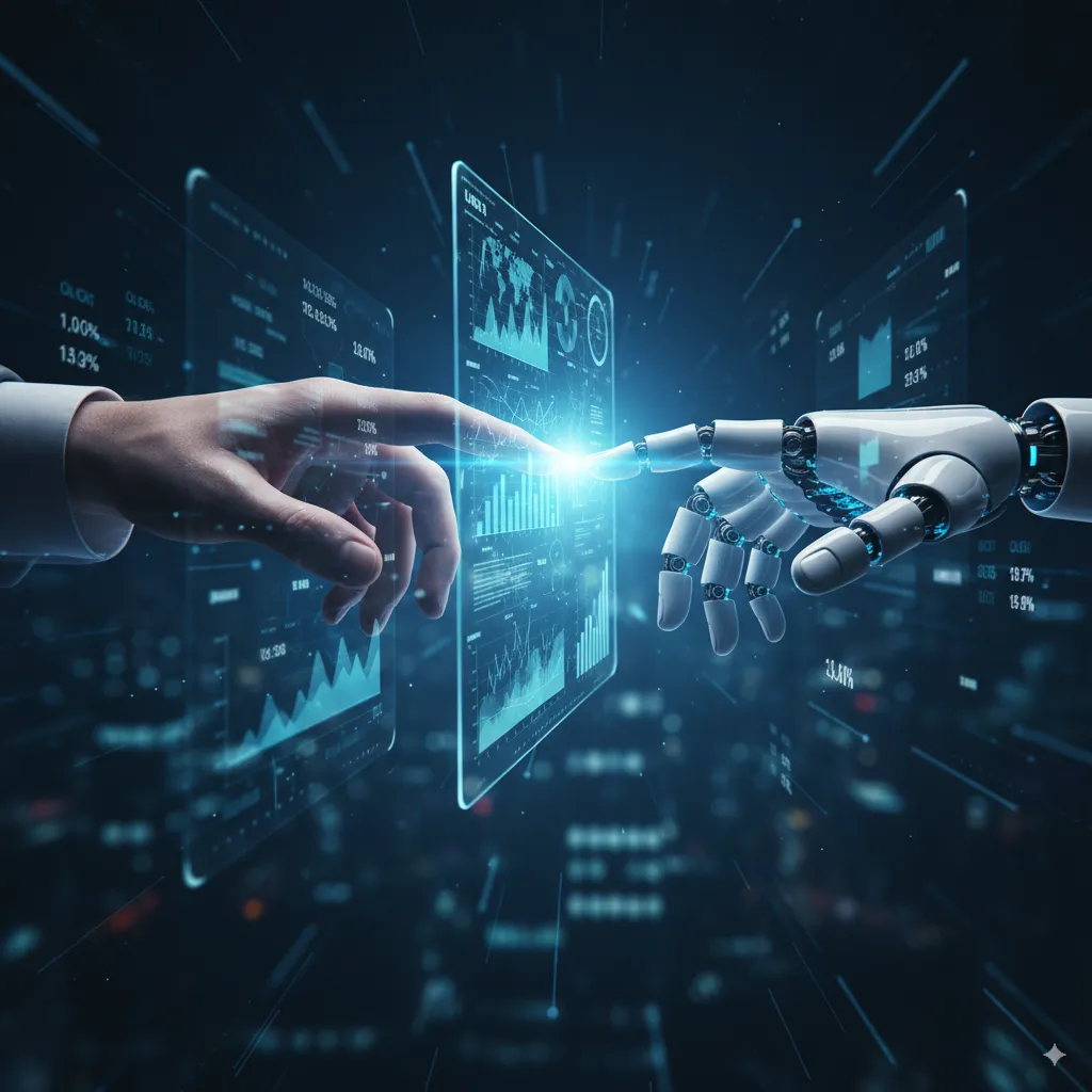 A conceptual image of human and AI collaboration in financial technology, highlighting automation in financial advising with futuristic data charts, digital analysis, and innovation in investments.