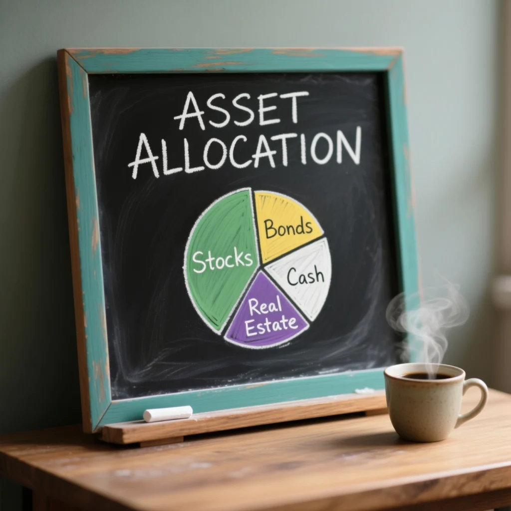 Chalkboard with pie chart showing stocks, bonds, real estate, and cash illustrates smart portfolio diversification strategies for asset allocation, financial balance, and investment planning.