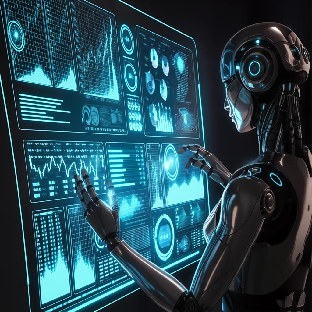 Futuristic robot analyzing financial data on holographic screens, symbolizing automation in financial advising and AI-driven investment strategies shaping modern wealth management decisions globally.