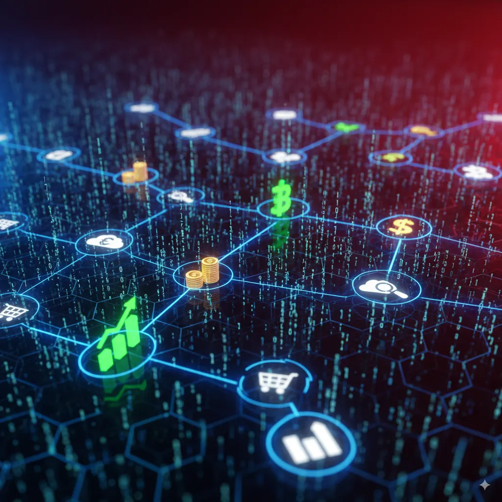 Visual representation of a digital financial network with currency icons, blockchain symbols, and data connections, symbolizing technology’s role in shaping modern finance and investments.