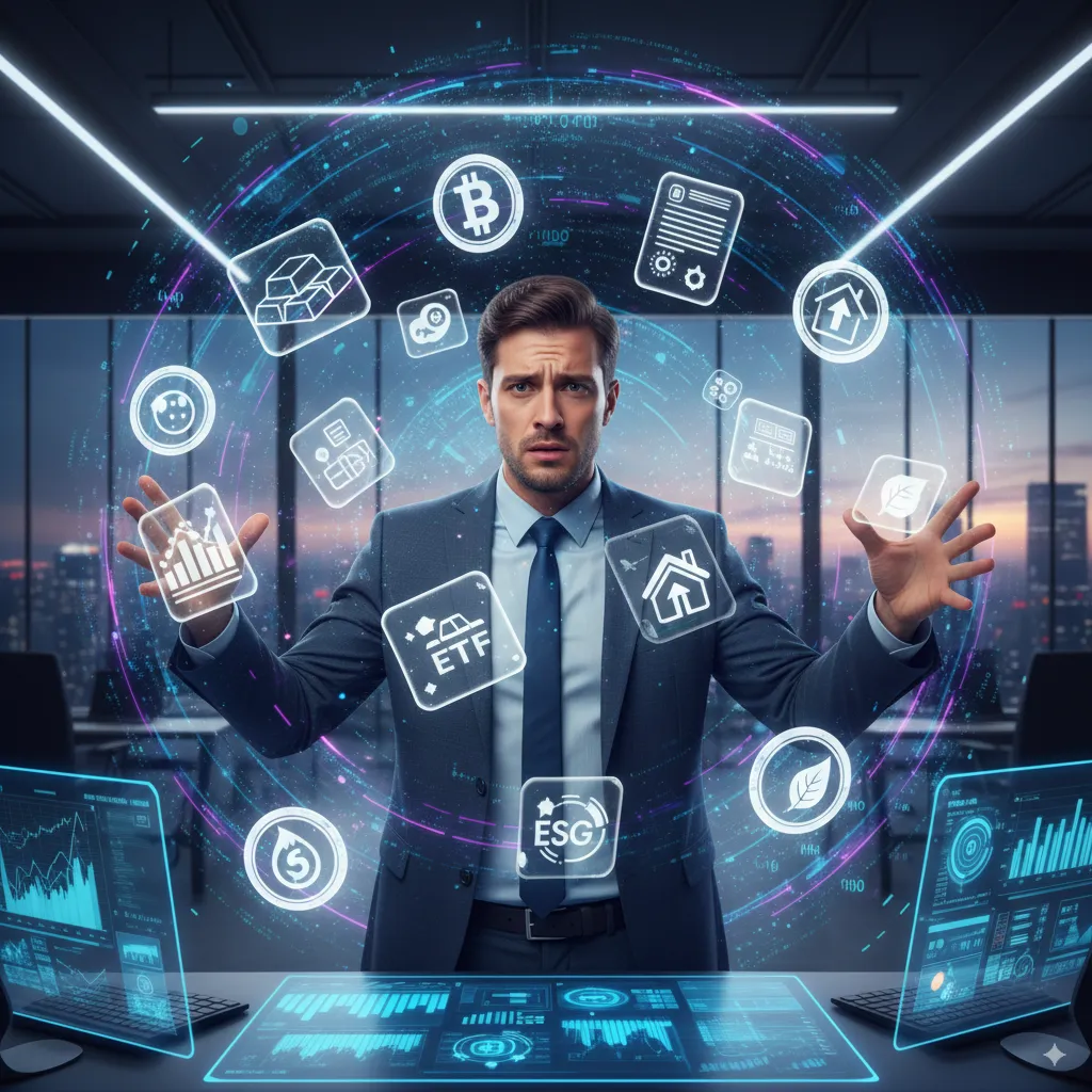 Investor surrounded by holographic icons of various assets—stocks, ETFs, crypto, ESG—looking overwhelmed, symbolizing the dangers of over diversification in modern portfolios.