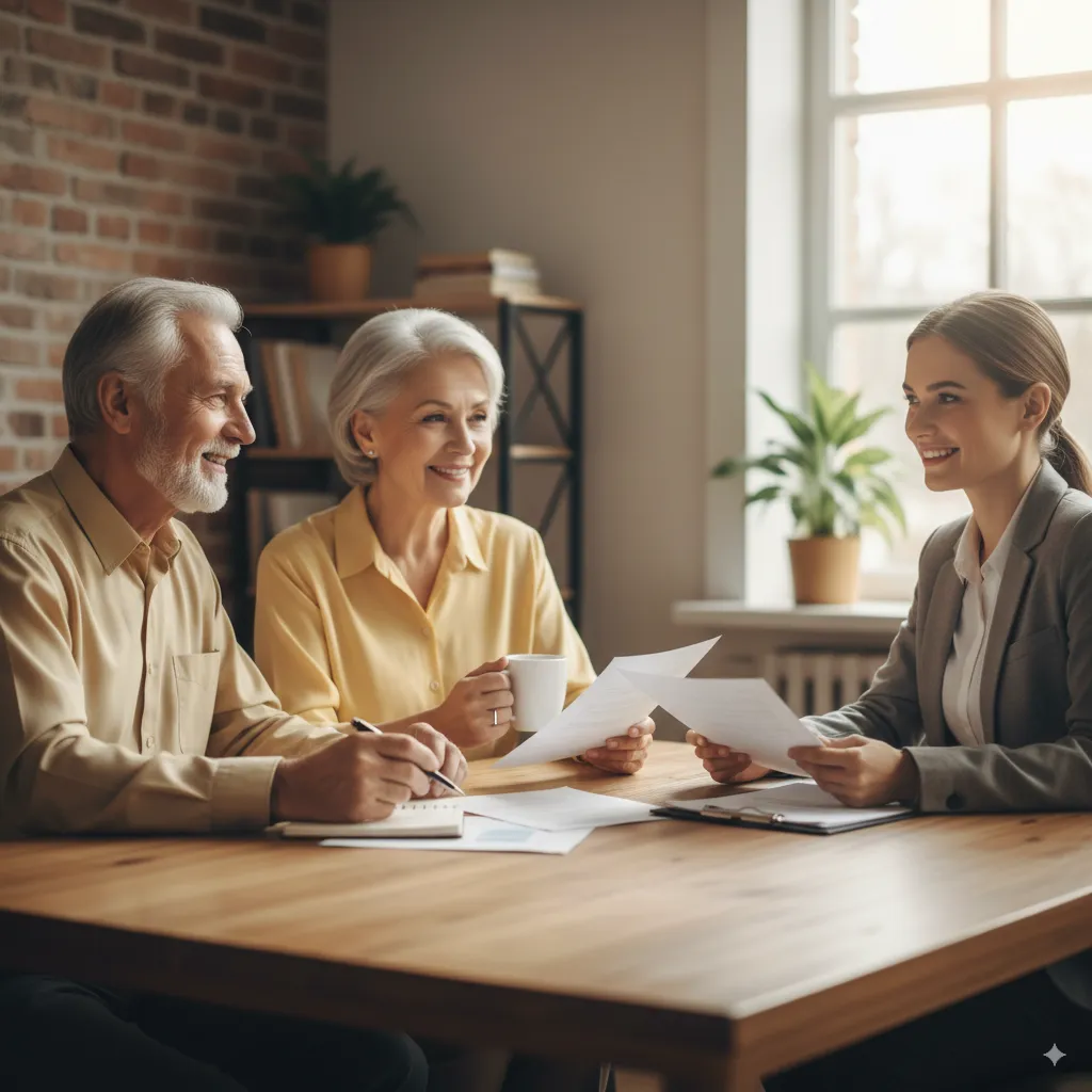 Senior couple consults with financial advisor in bright office, symbolizing financial advisor meeting, retirement planning, wealth management, investment advice, and professional guidance for secure financial futures.