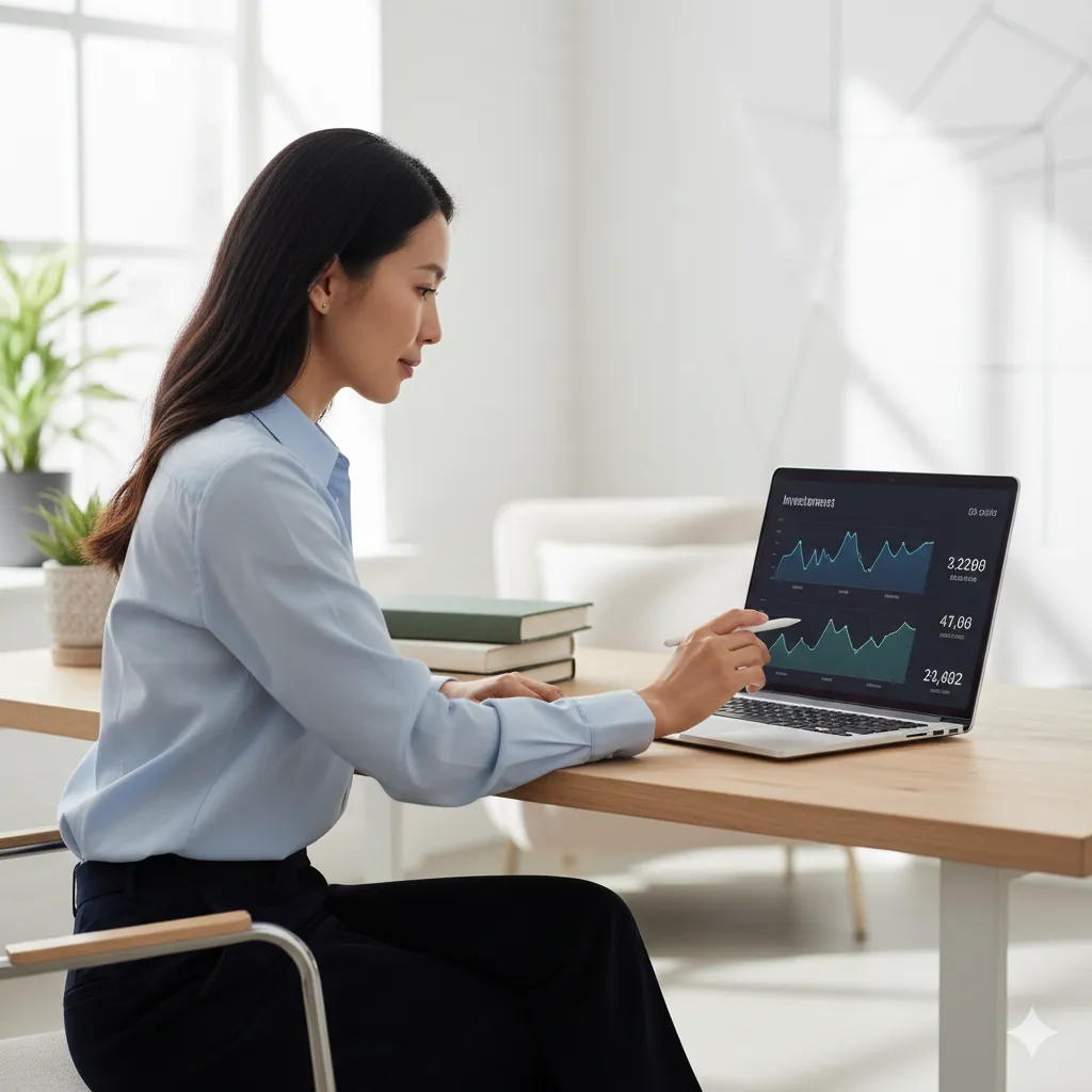 Woman analyzing investment charts on a laptop in a minimalist office, symbolizing a focused portfolio strategy that avoids the dangers of over diversification.