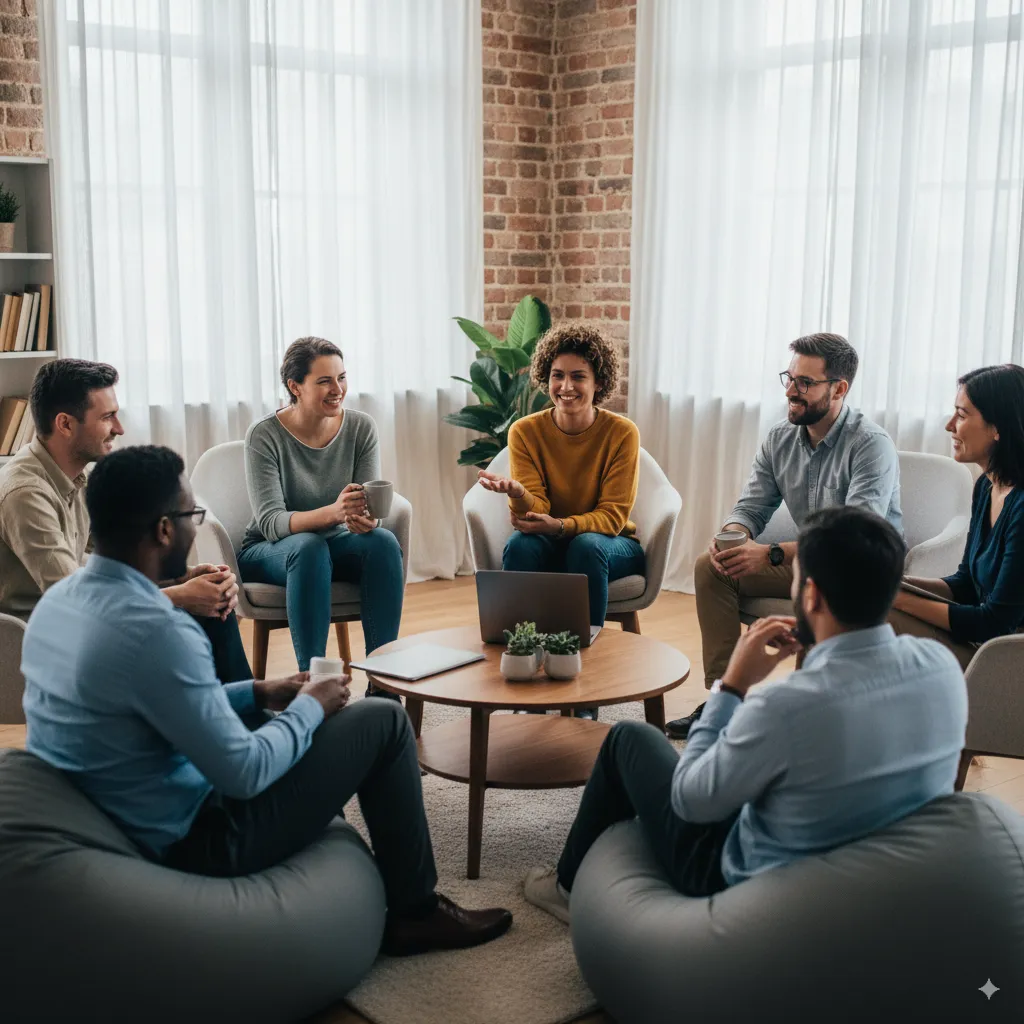Diverse colleagues sit in a circle having a group team discussion, sharing ideas, collaborating, brainstorming solutions, and fostering teamwork in a relaxed modern office environment.