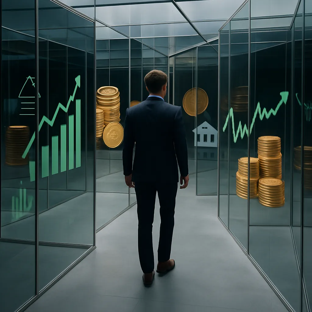 Investor walking through a mirrored maze filled with graphs, coins, and property icons—illustrating the confusion and dangers of over diversification in financial decisions.