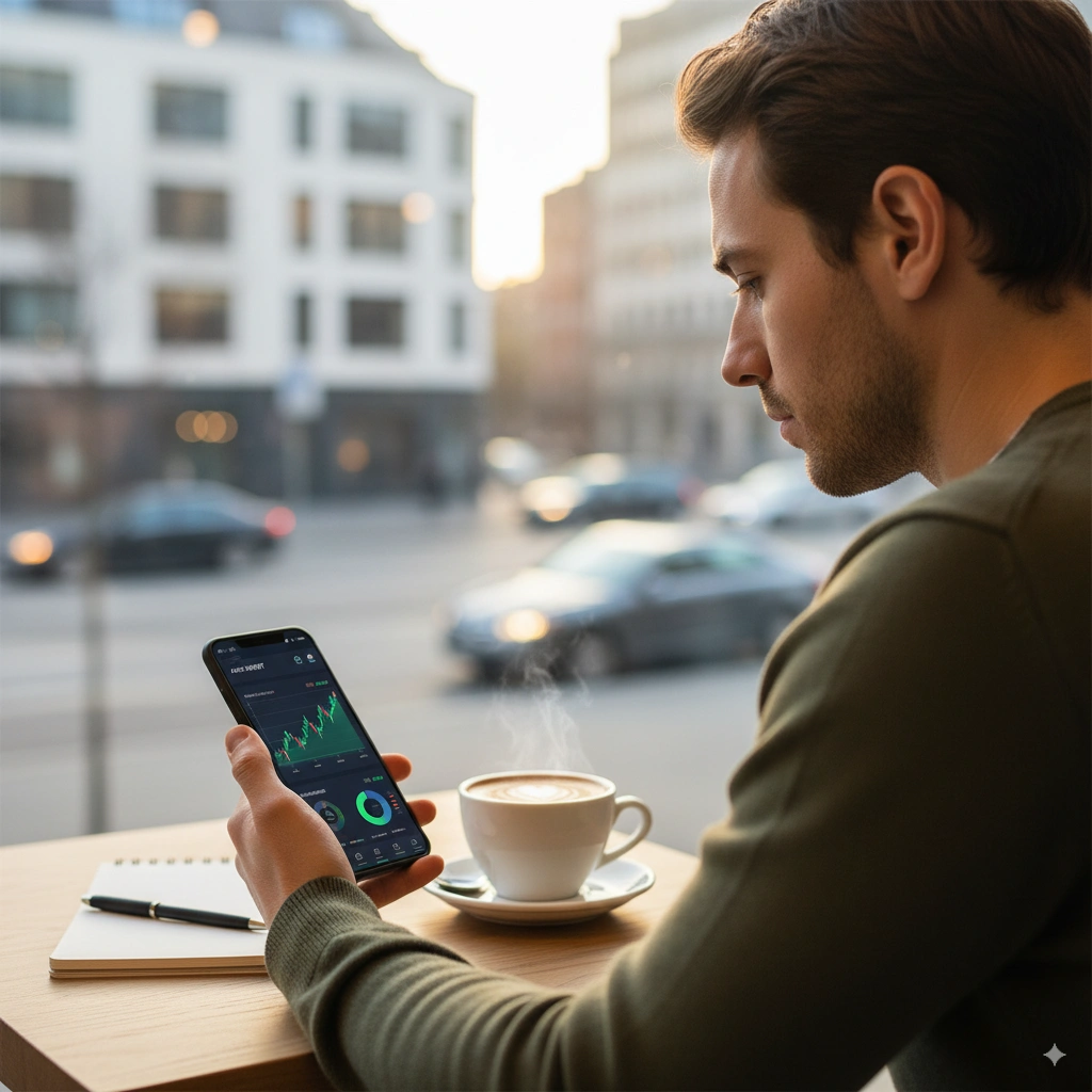 A man monitors financial graphs on his smartphone at a café, showcasing mobile investing convenience and flexibility, highlighting the growing role of mobile investing today.