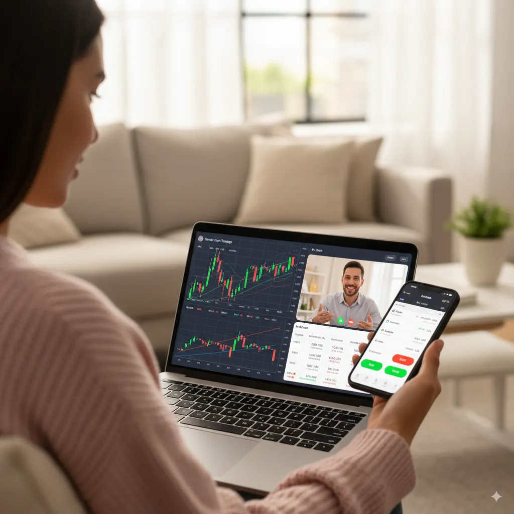 A woman engages in online trading consultation using laptop and phone, analyzing stock charts with advisor, highlighting insights into online trading consultation and financial strategies.