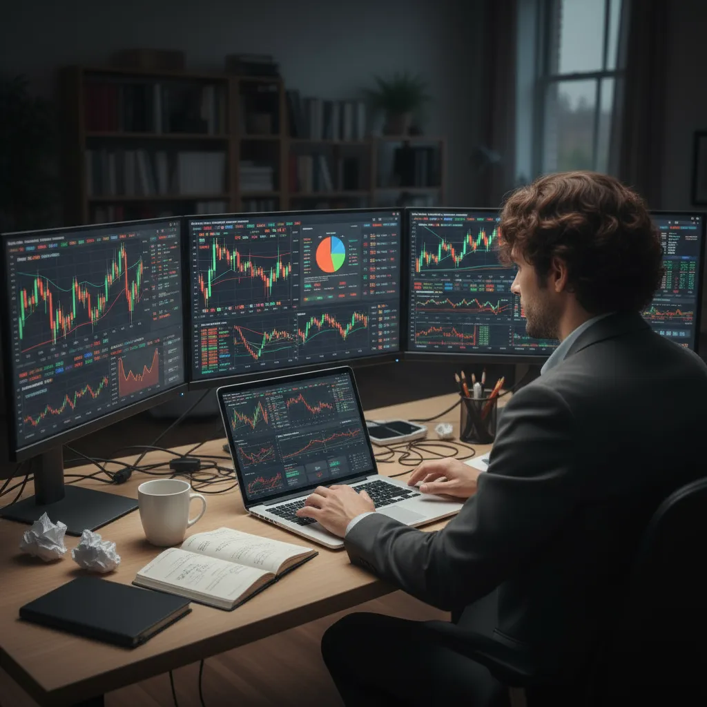 Investor surrounded by multiple trading monitors filled with charts and data, symbolizing analysis paralysis and the dangers of over diversification in decision-making.