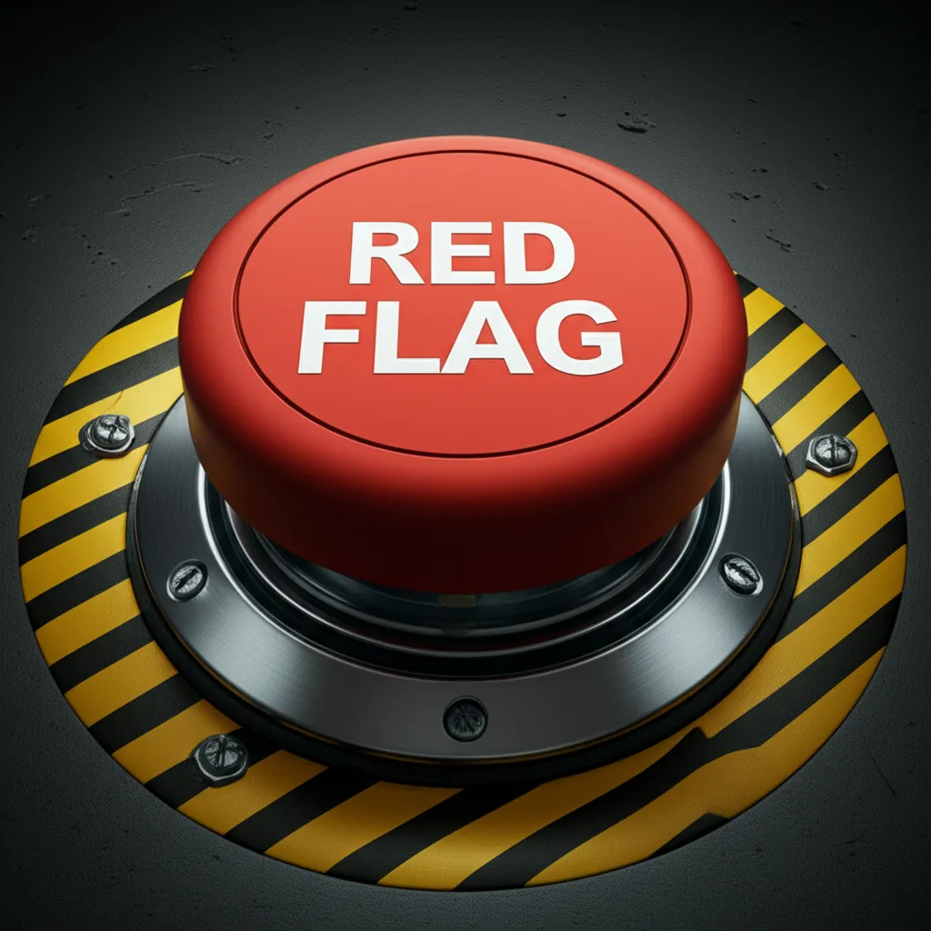 Large red button marked "Red Flag" on striped caution base, symbolizing investing red flags, financial risks, scam signals, market traps, and critical investor awareness alerts.