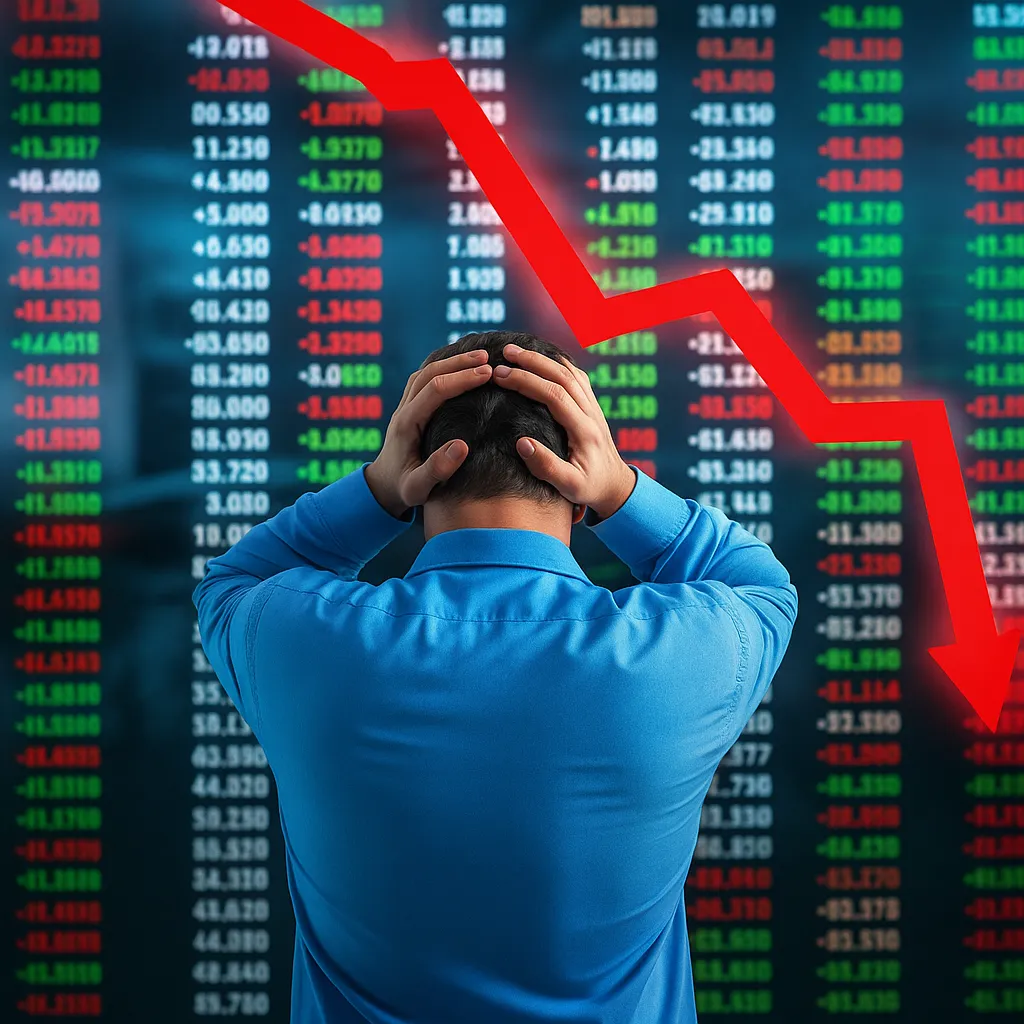 A stressed investor faces a stock market crash with red arrow falling, symbolizing risks without smart portfolio diversification strategies to balance investments and protect wealth effectively.