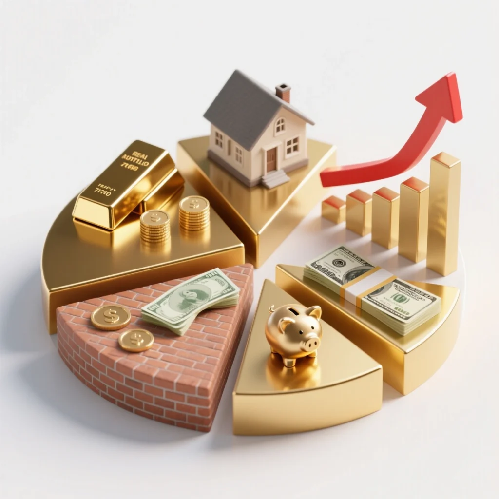 A golden pie chart with segments showing real estate, gold, cash, piggy bank, and money stacks, symbolizing smart portfolio diversification strategies for balanced wealth growth.