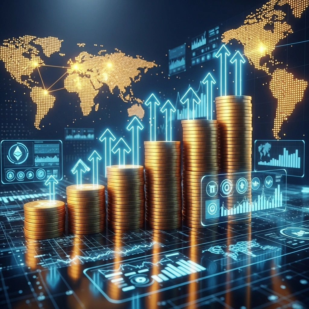 Stacks of golden coins rise with glowing arrows, surrounded by digital financial charts and a world map, symbolizing smart portfolio diversification strategies for global wealth growth.