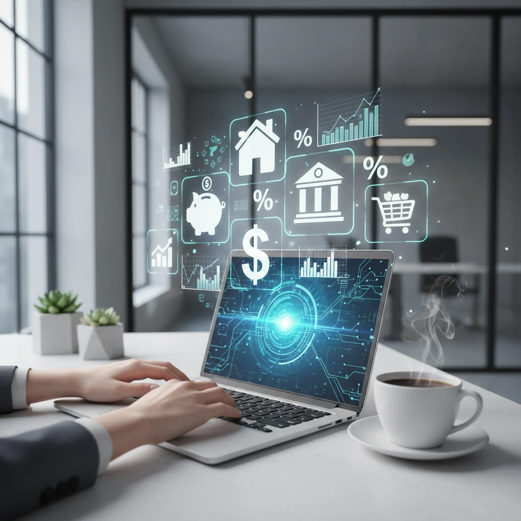 A laptop projects glowing financial icons including home, piggy bank, dollar, bank, and shopping cart, symbolizing smart portfolio diversification strategies for balanced investments and financial growth.
