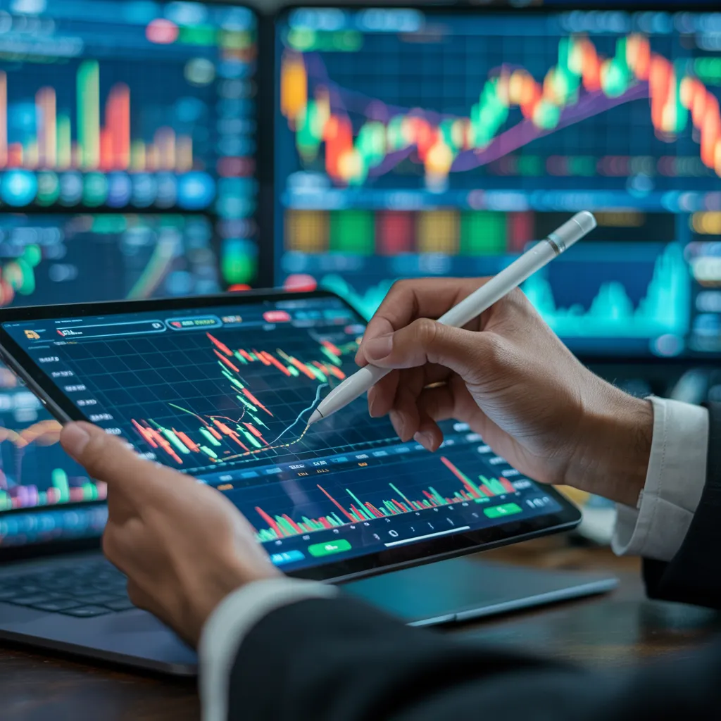 Investor analyzing live charts on tablet with stylus, surrounded by trading screens, illustrating AI fundamental company analysis for smart investment decisions and financial insights.