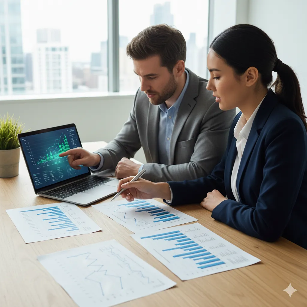 Two professionals reviewing focused financial data and charts together, illustrating a clear investment approach that avoids the common dangers of over diversification.