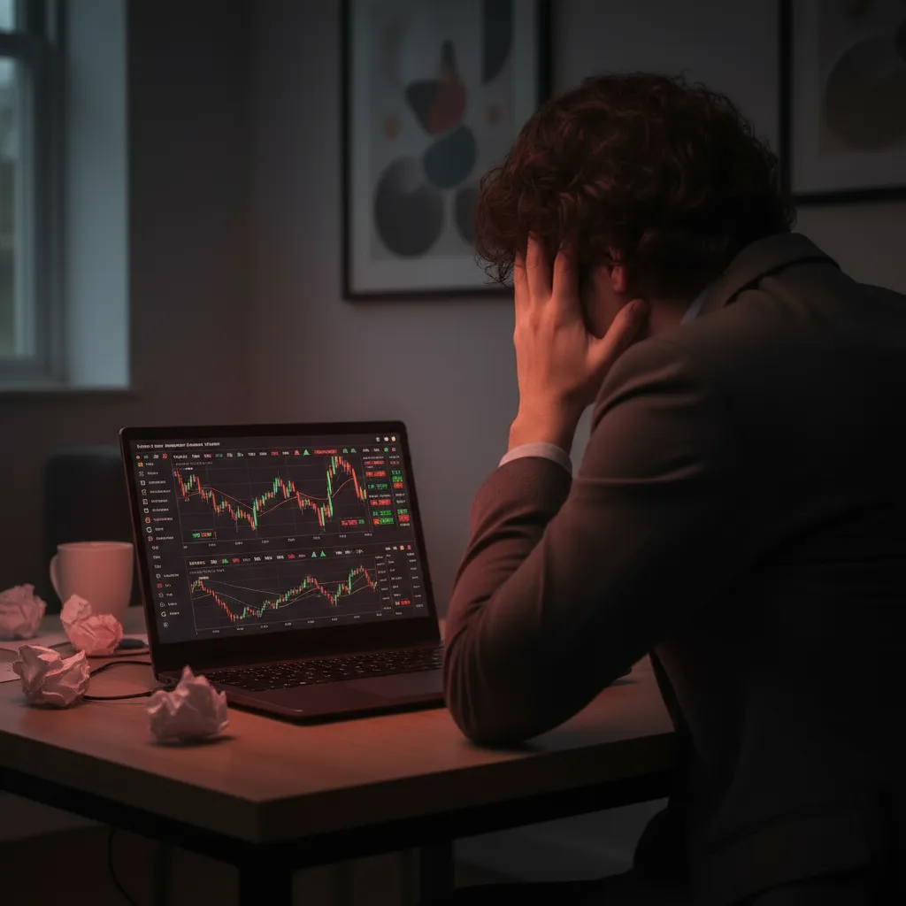 Stressed investor sits in dim room watching volatile stock charts on a laptop, surrounded by crumpled papers—depicting emotional toll and dangers of over diversification.