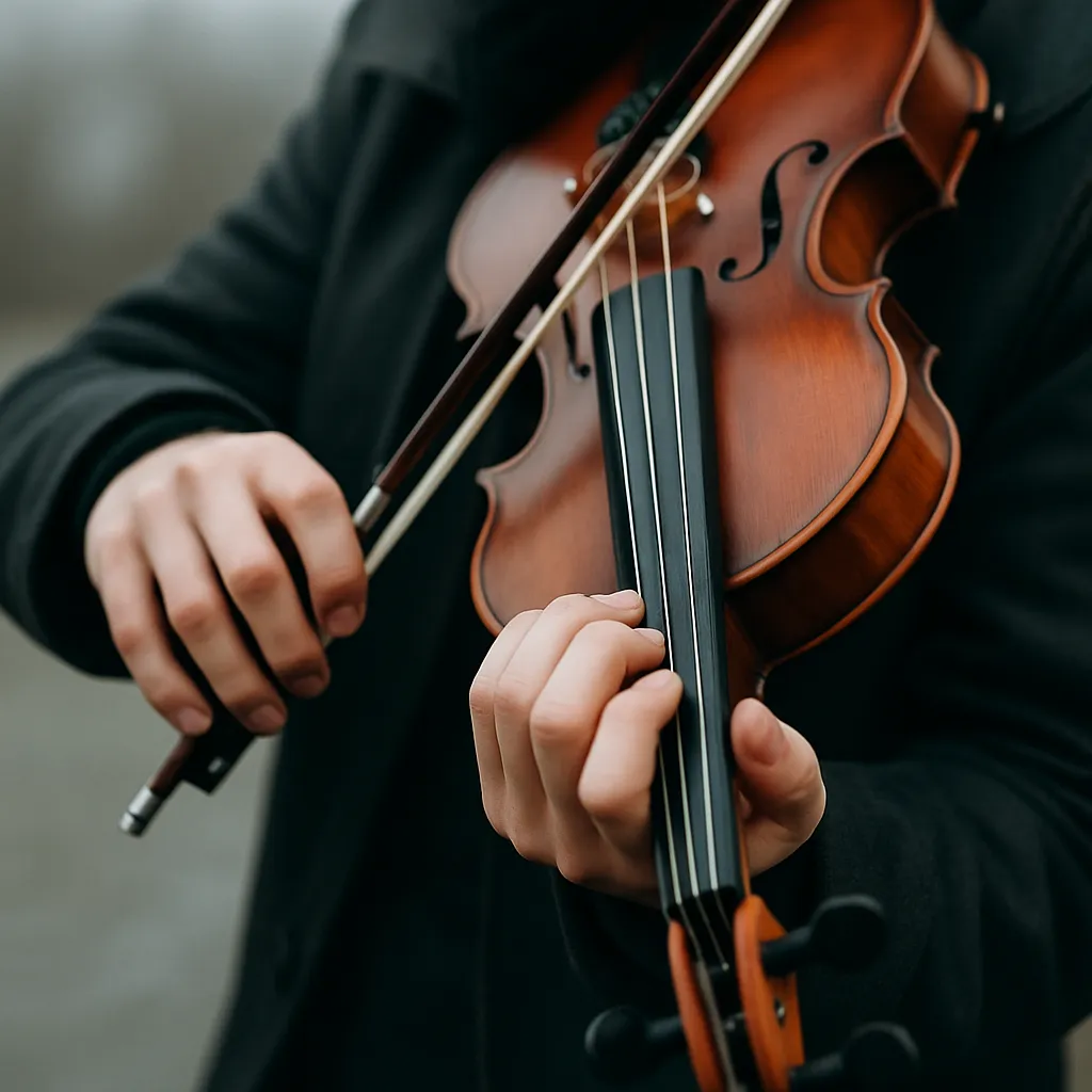Close-up of hands playing violin with bow and strings, highlighting musical passion, detail, harmony, artistic expression, and technique in playing violin close up.